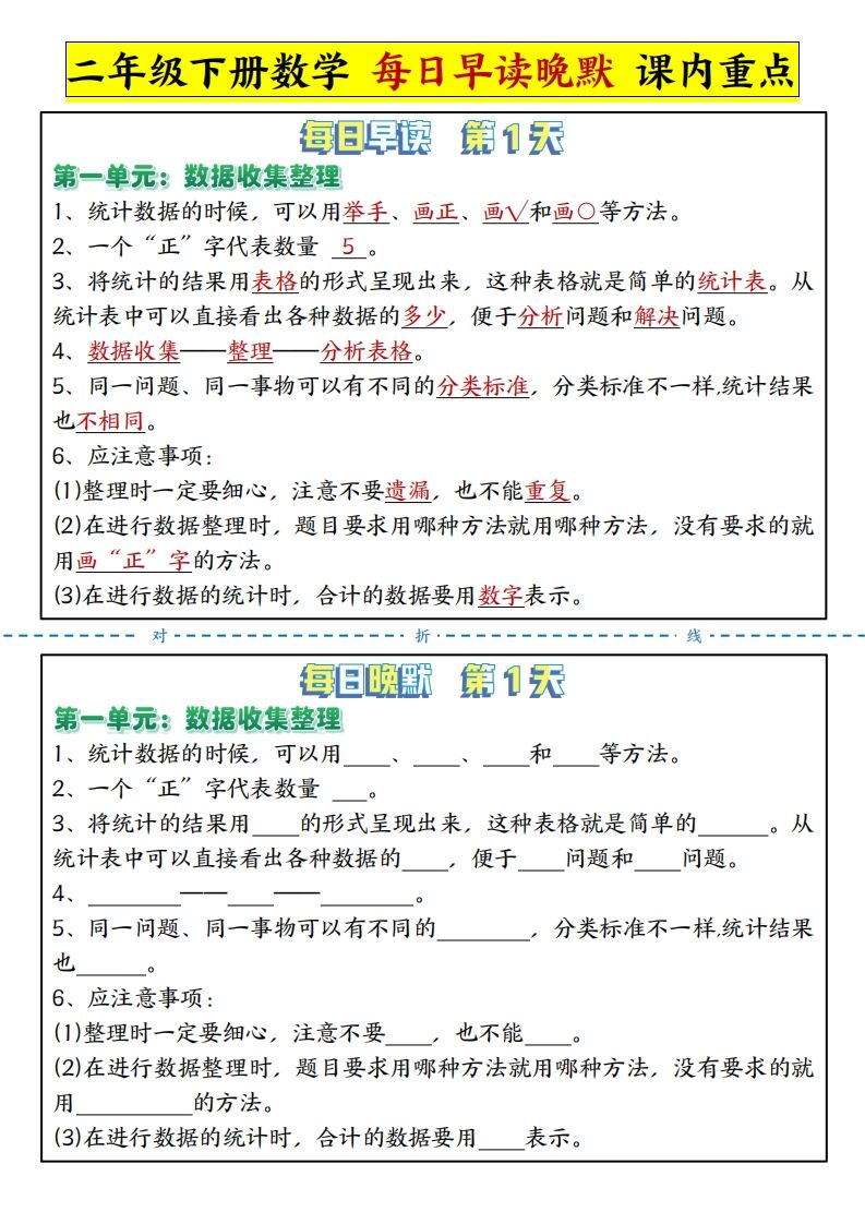 二下数学每日晨读晚默课内重点知识点（人教版）_练习题|试卷|知识点|复习提纲