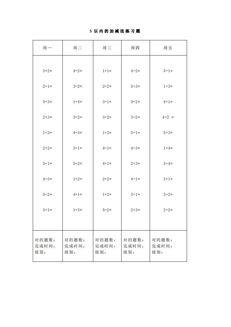【数学】一（上）5、10、20以内口算天天练大全_练习题|试卷|知识点|复习提纲