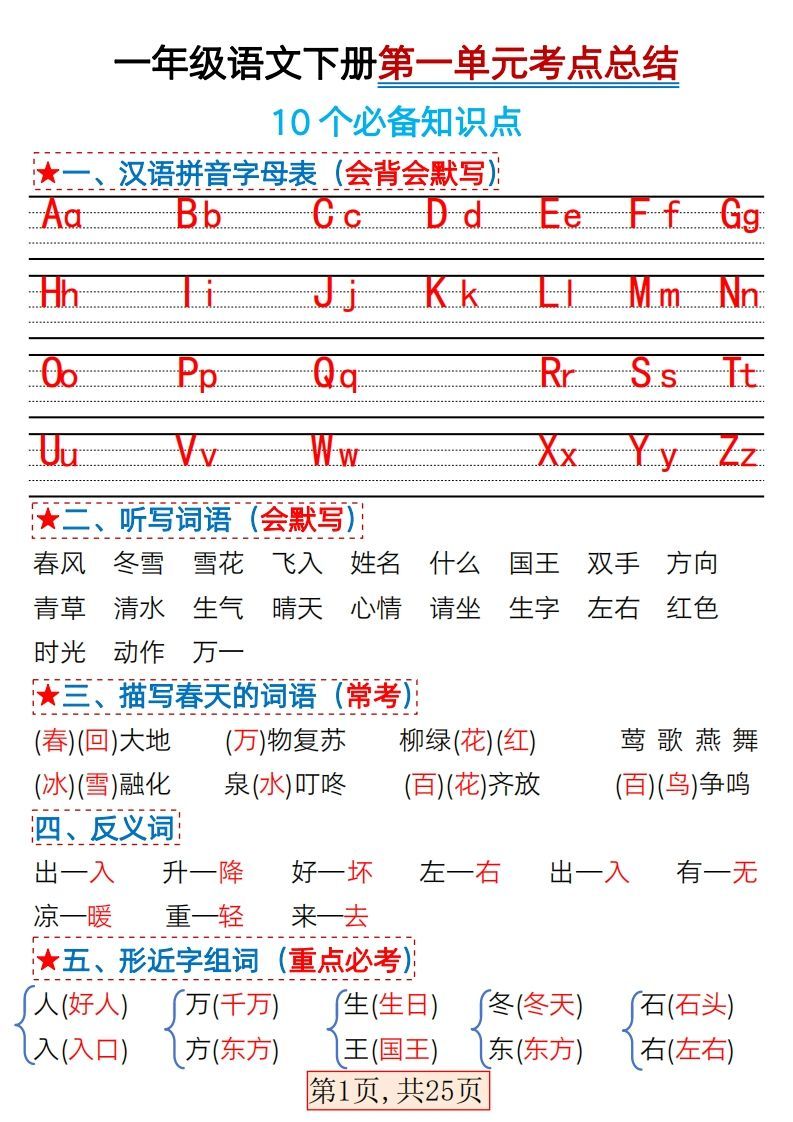 ★3.7一年级语文下册1-4单元考点总结_练习题|试卷|知识点|复习提纲