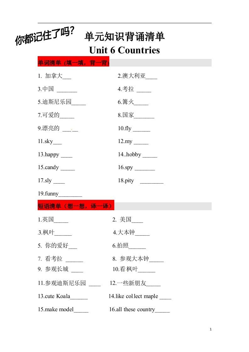 ❤四年级英语下册单元知识背诵清单Unit6Countries人教新起点（含答案）_练习题|试卷|知识点|复习提纲