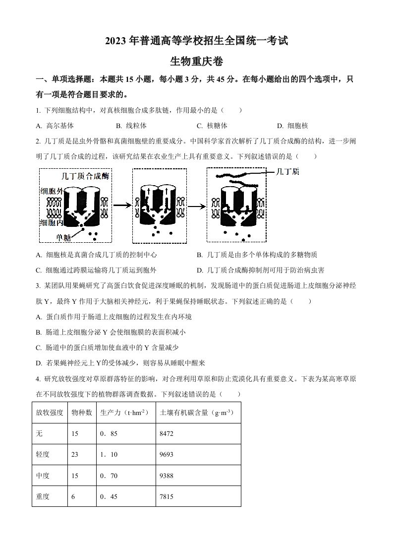 2023年高考生物试卷（重庆）（空白卷）_练习题|试卷|知识点|复习提纲
