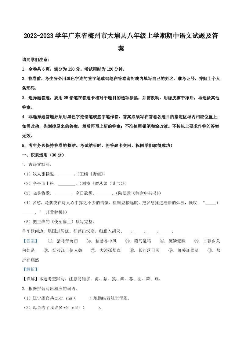 2022-2023学年广东省梅州市大埔县八年级上学期期中语文试题及答案(Word版)_练习题|试卷|知识点|复习提纲