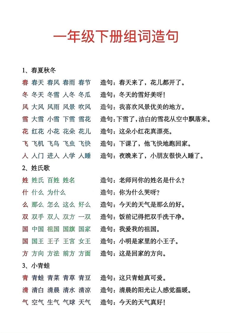 一年级下册生字组词造句_练习题|试卷|知识点|复习提纲