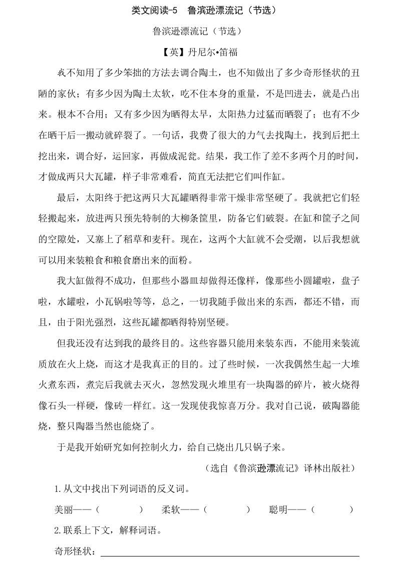 六年级语文下册类文阅读-5鲁滨逊漂流记（节选）_练习题|试卷|知识点|复习提纲