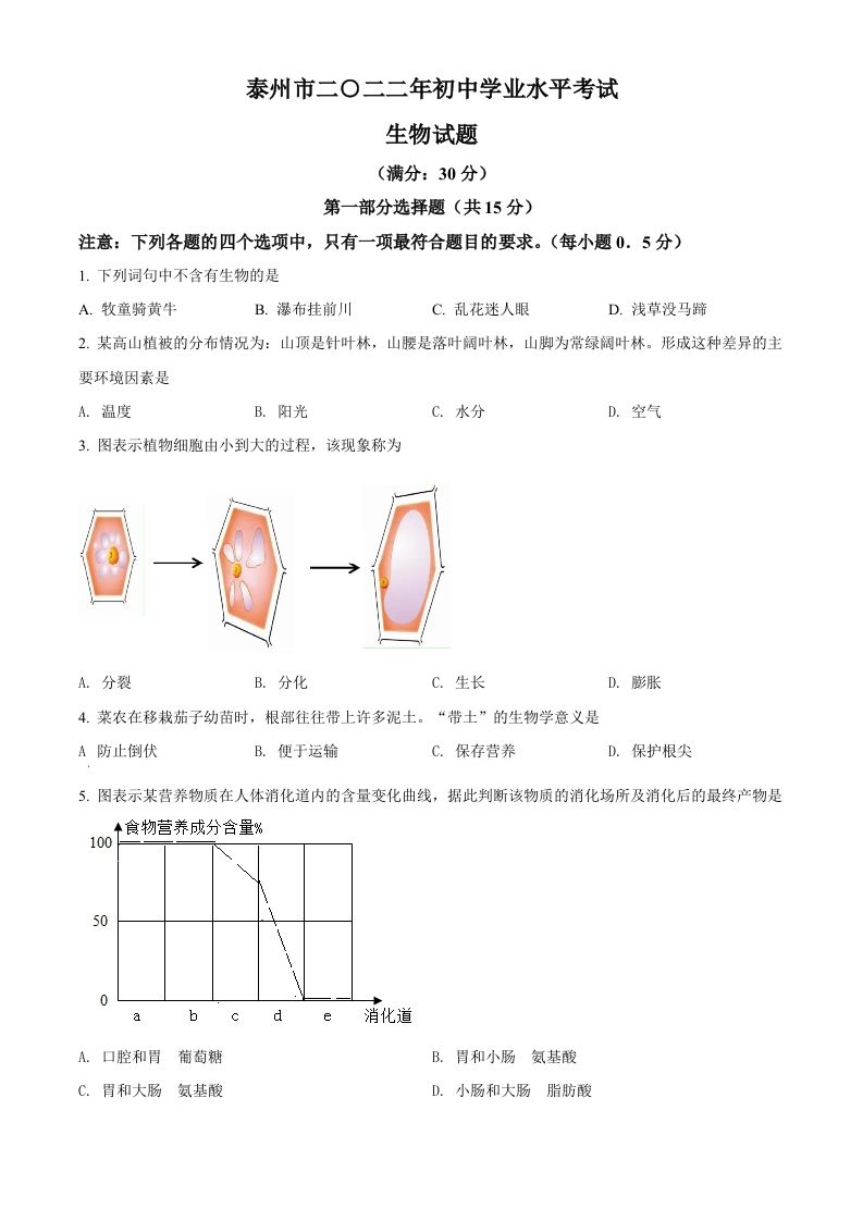 2022年江苏省泰州市中考生物真题（空白卷）_练习题|试卷|知识点|复习提纲