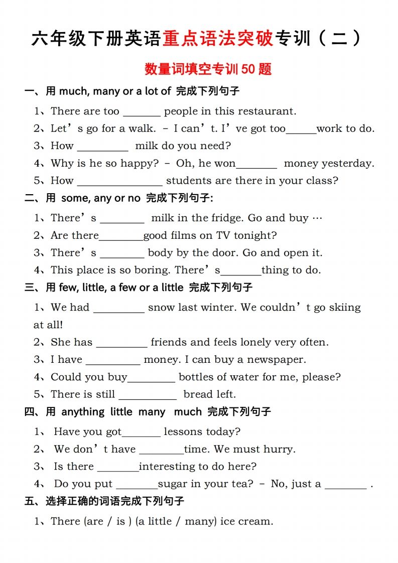 六年级下册人教PEP英语重点语法突破专项训（二）数量词填空_练习题|试卷|知识点|复习提纲