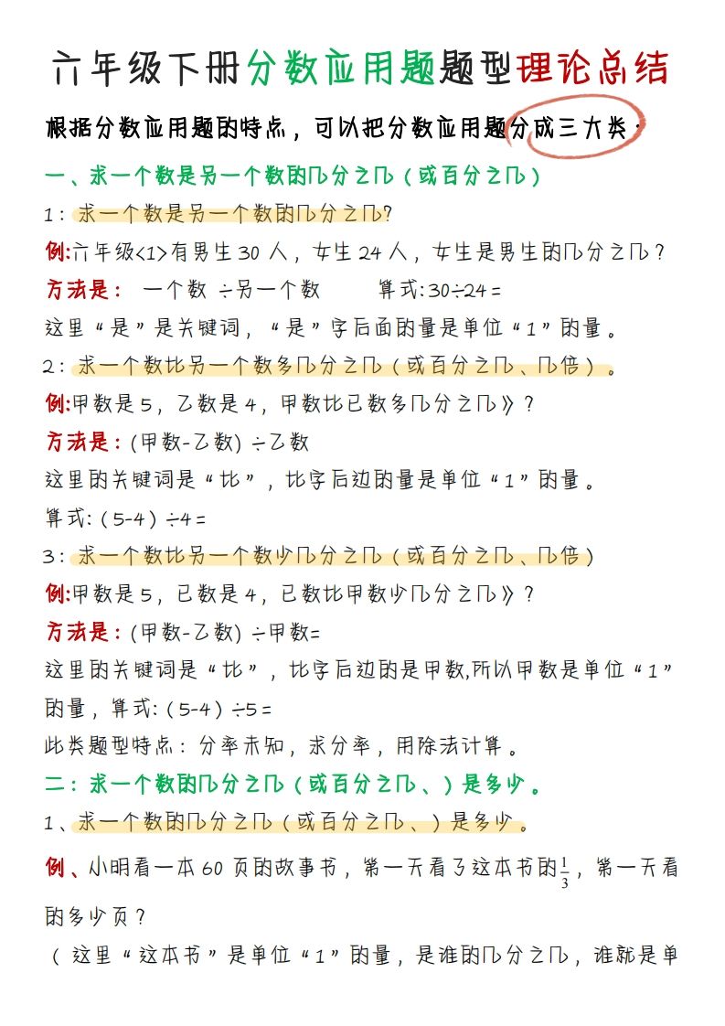 《分数应用题题型理论总结》六下数学【北师版】_练习题|试卷|知识点|复习提纲