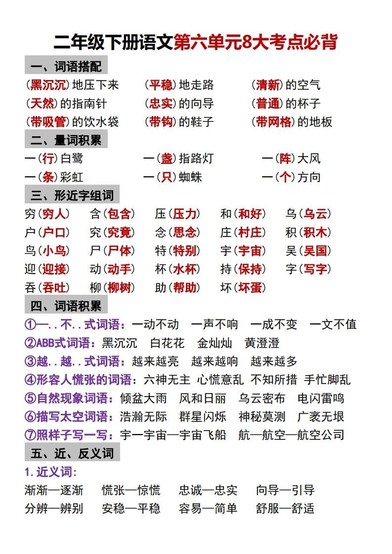二年级下册语文第六单元8大考点必背_练习题|试卷|知识点|复习提纲