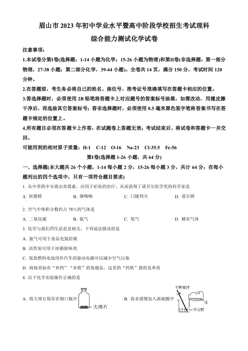 2023年四川省眉山市中考化学真题（空白卷）_练习题|试卷|知识点|复习提纲