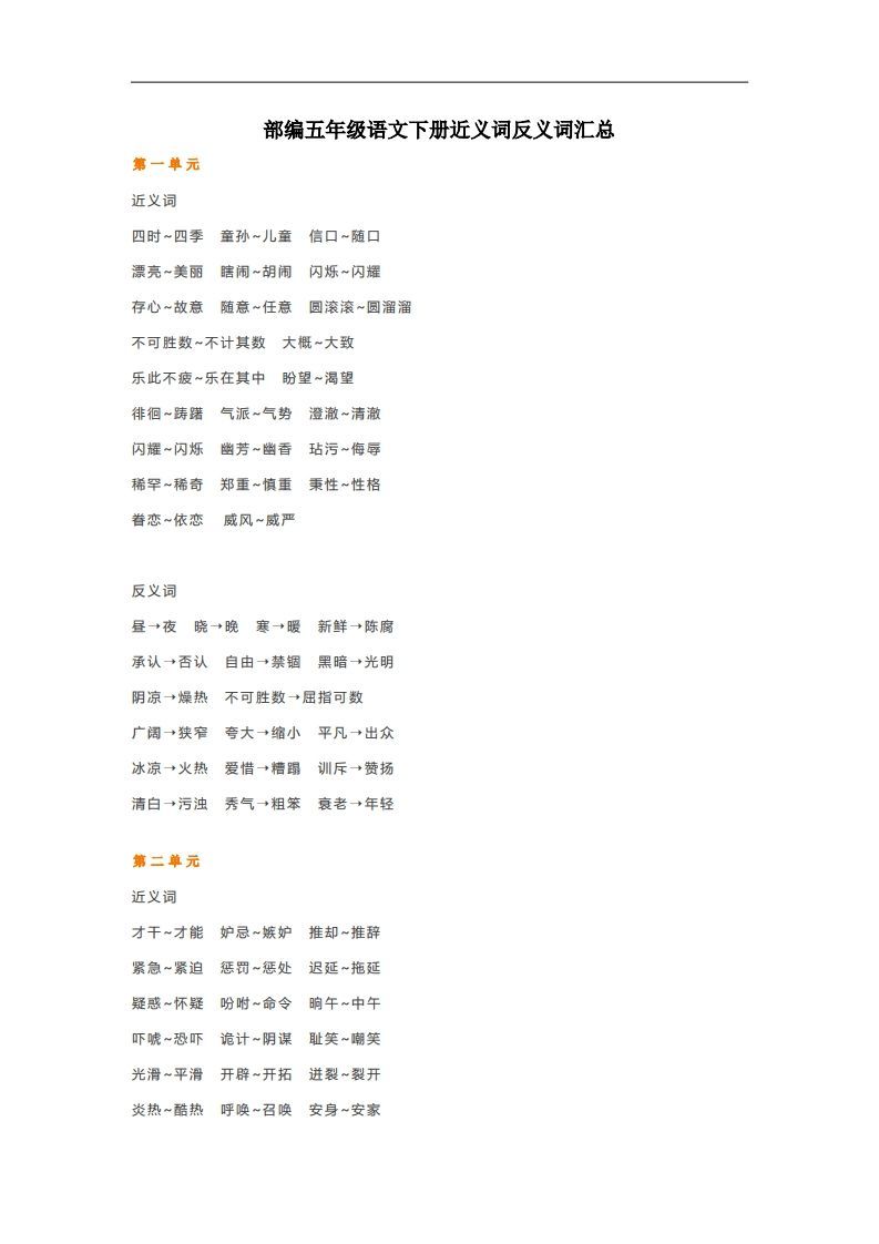 五年级语文下册近义词反义词汇总（部编版）_练习题|试卷|知识点|复习提纲