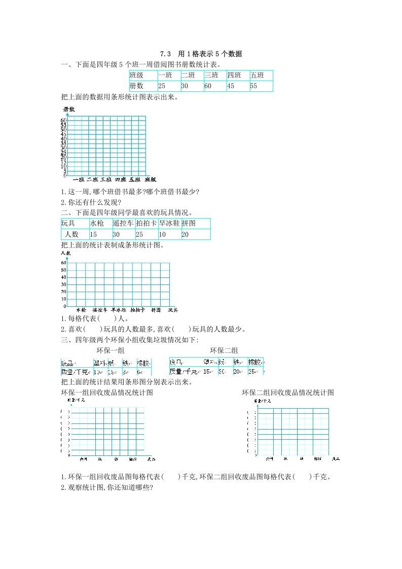 四年级数学上册7.3用1格表示5个数据（人教版）_练习题|试卷|知识点|复习提纲