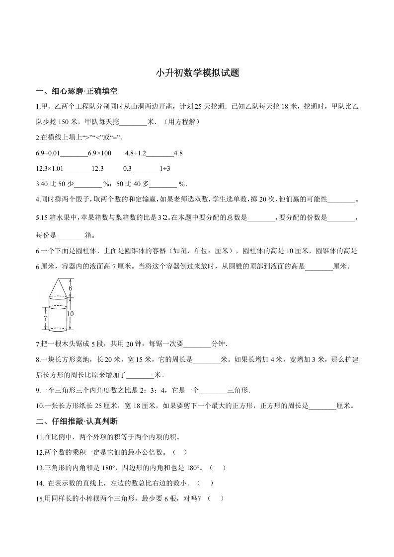 六年级数学下册小升初模拟试题（28）苏教版（含解析）_练习题|试卷|知识点|复习提纲