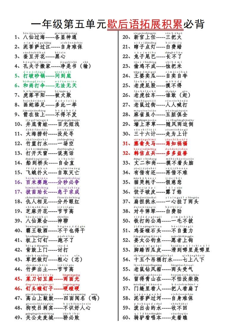 一下语文【歇后语拓展积累】第五单元_练习题|试卷|知识点|复习提纲