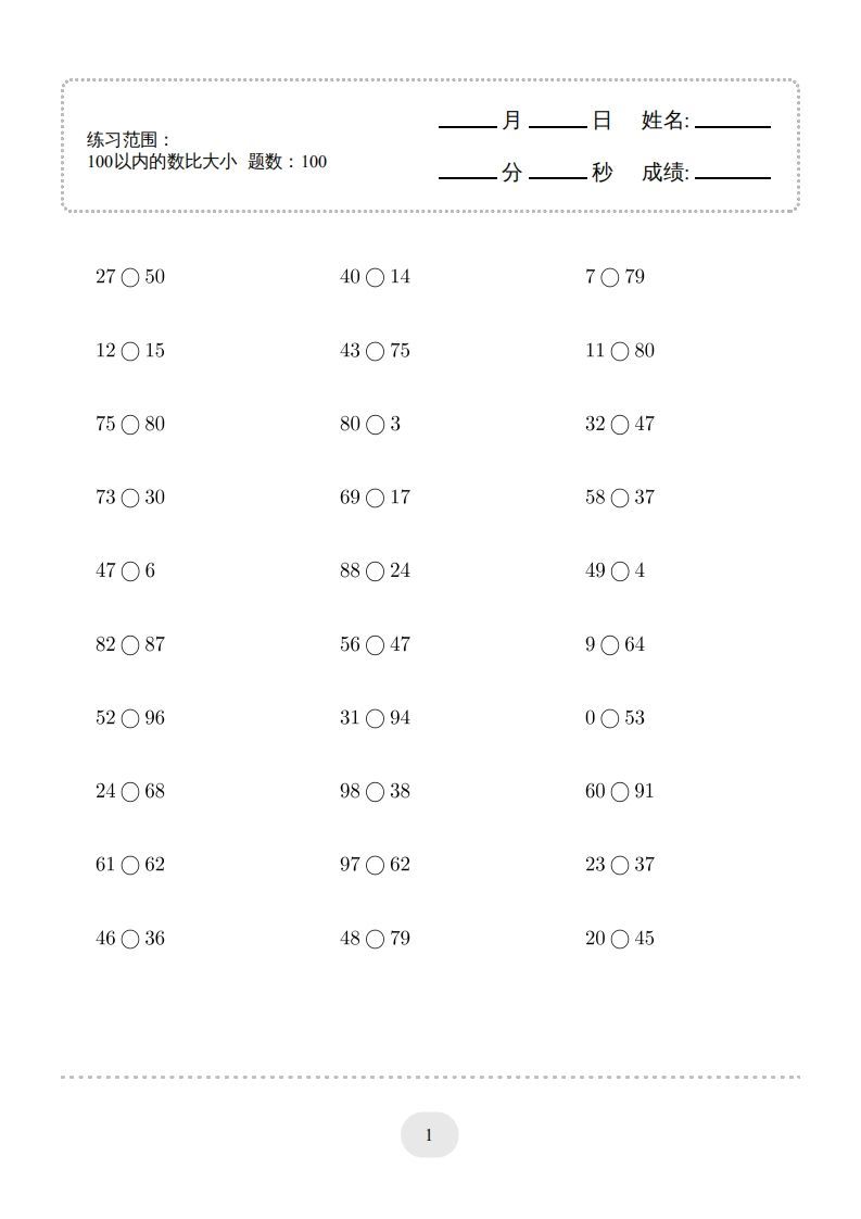一年级数学下册(100以内的数比大小)1000题（人教版）_练习题|试卷|知识点|复习提纲
