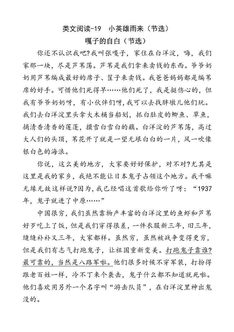 四年级语文下册类文阅读-19小英雄雨来（节选）_练习题|试卷|知识点|复习提纲