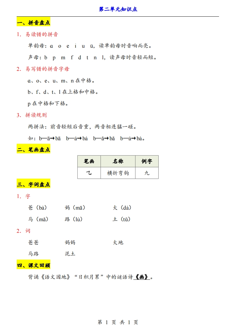 【24新教材】一上语文第2单元知识点梳理_练习题|试卷|知识点|复习提纲