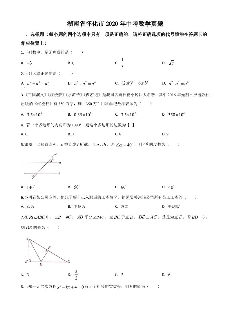 湖南省怀化市2020年中考数学真题（空白卷）_练习题|试卷|知识点|复习提纲