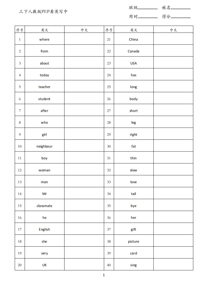 三下人教版英语PEP看英写中_练习题|试卷|知识点|复习提纲