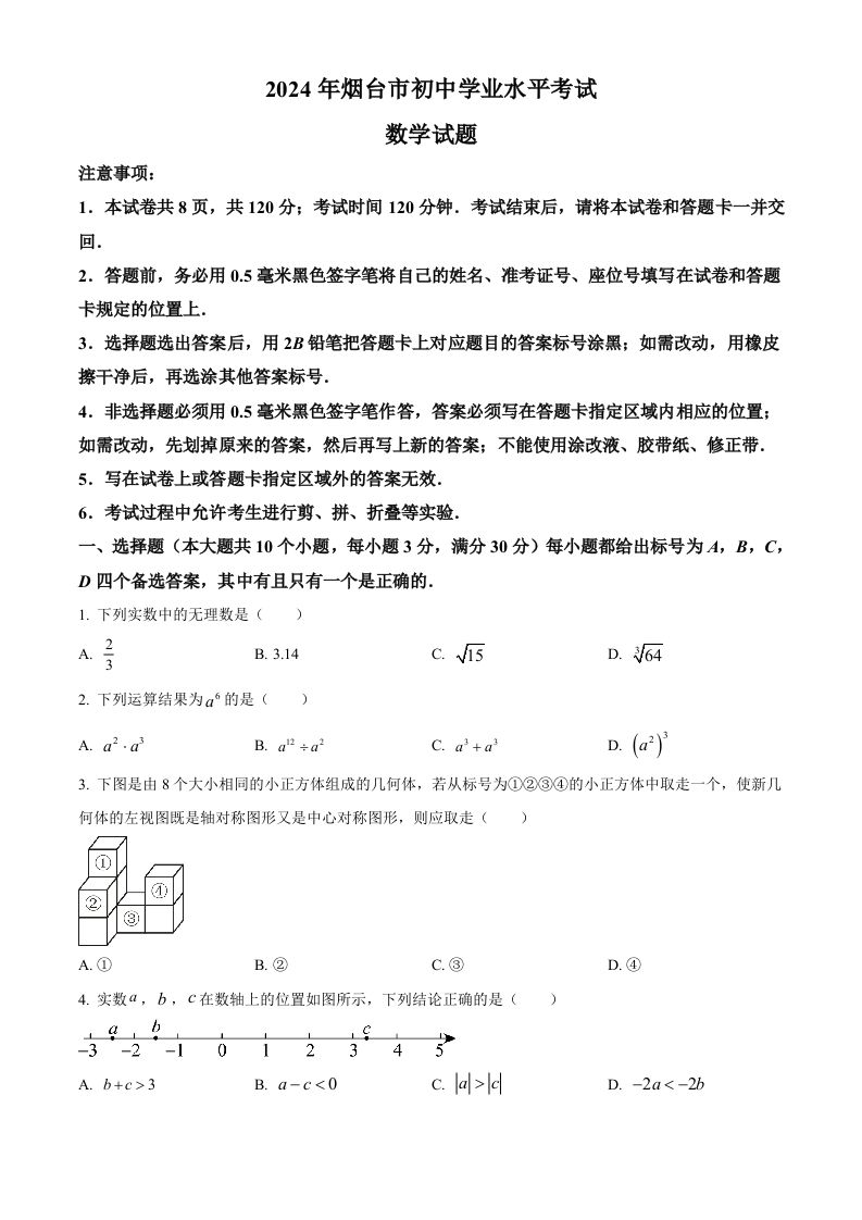 2024年山东省烟台市中考数学试题（空白卷）_练习题|试卷|知识点|复习提纲
