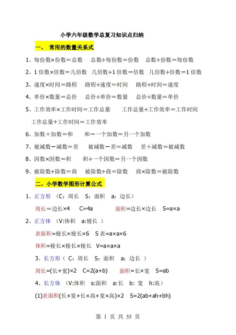 《小学六年级数学知识点归纳》六下数学【北师版】_练习题|试卷|知识点|复习提纲