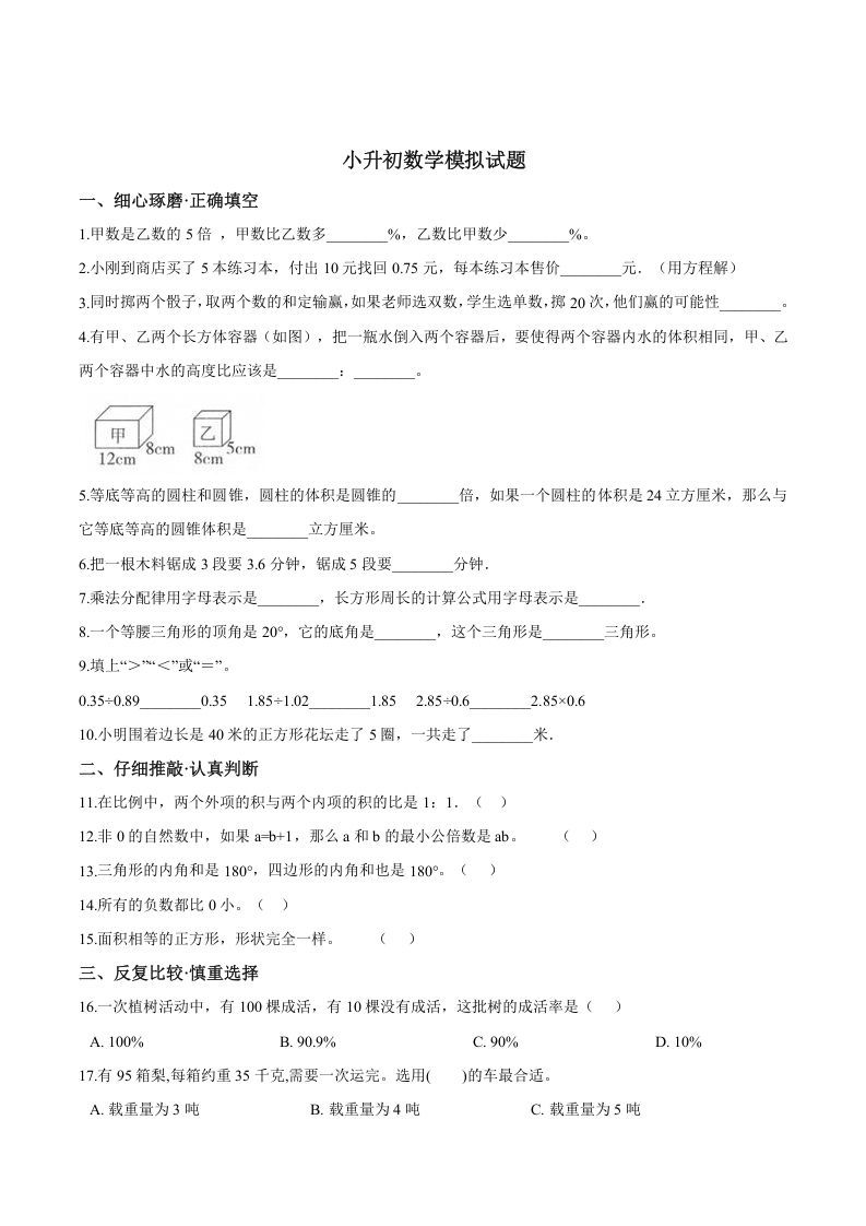 六年级数学下册小升初模拟试题（25）苏教版（含解析）_练习题|试卷|知识点|复习提纲