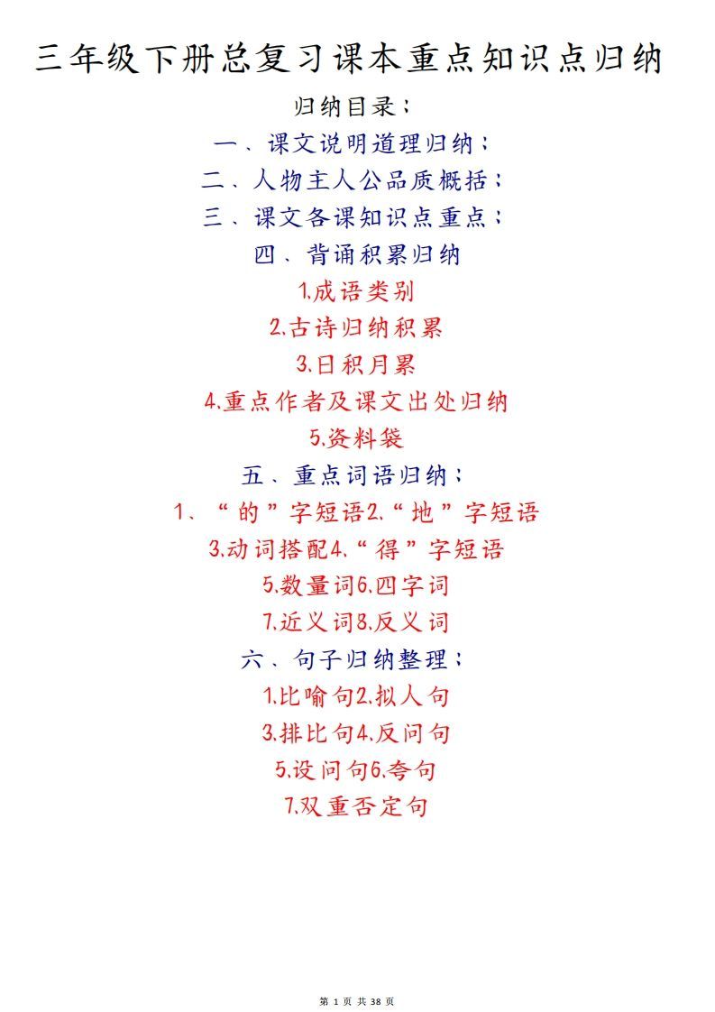 期末复习重点知识汇总三下语文_练习题|试卷|知识点|复习提纲