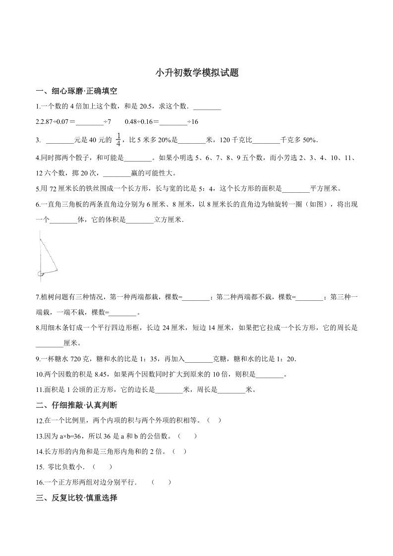 六年级数学下册小升初模拟试题（19）苏教版（含解析）_练习题|试卷|知识点|复习提纲