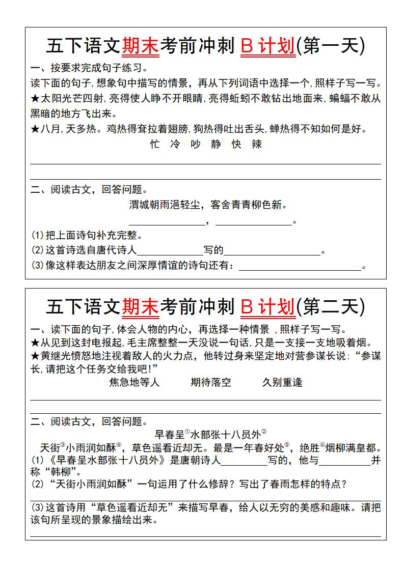 【期末复习系列】五下语文期末考前冲刺B计划（1-10）_练习题|试卷|知识点|复习提纲
