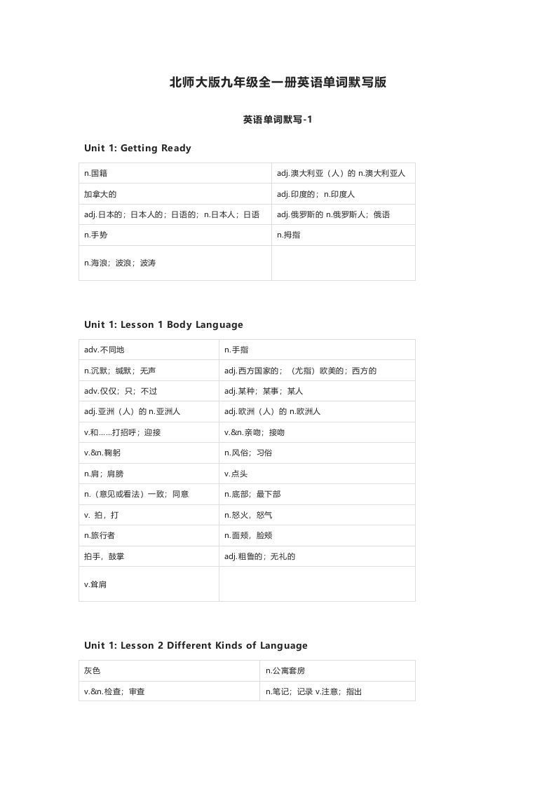 北师大版九年级上册英语单词默写表_练习题|试卷|知识点|复习提纲
