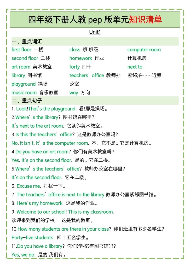 四下英语人教pep版单元知识清单_练习题|试卷|知识点|复习提纲