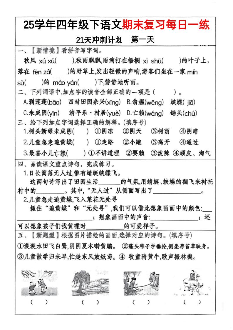 四下语文期末复习每日一练冲刺21天计划21页_练习题|试卷|知识点|复习提纲