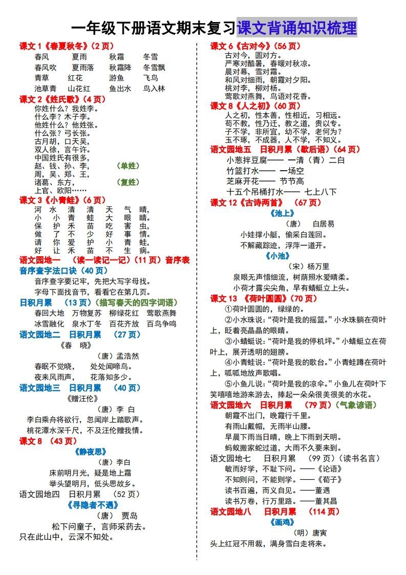 【课文背诵知识梳理】期末复习_练习题|试卷|知识点|复习提纲