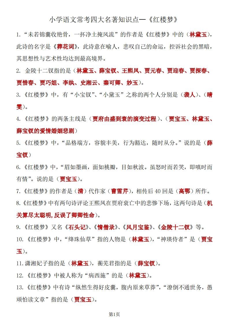 四大名著知识点汇总之《红楼梦》_练习题|试卷|知识点|复习提纲