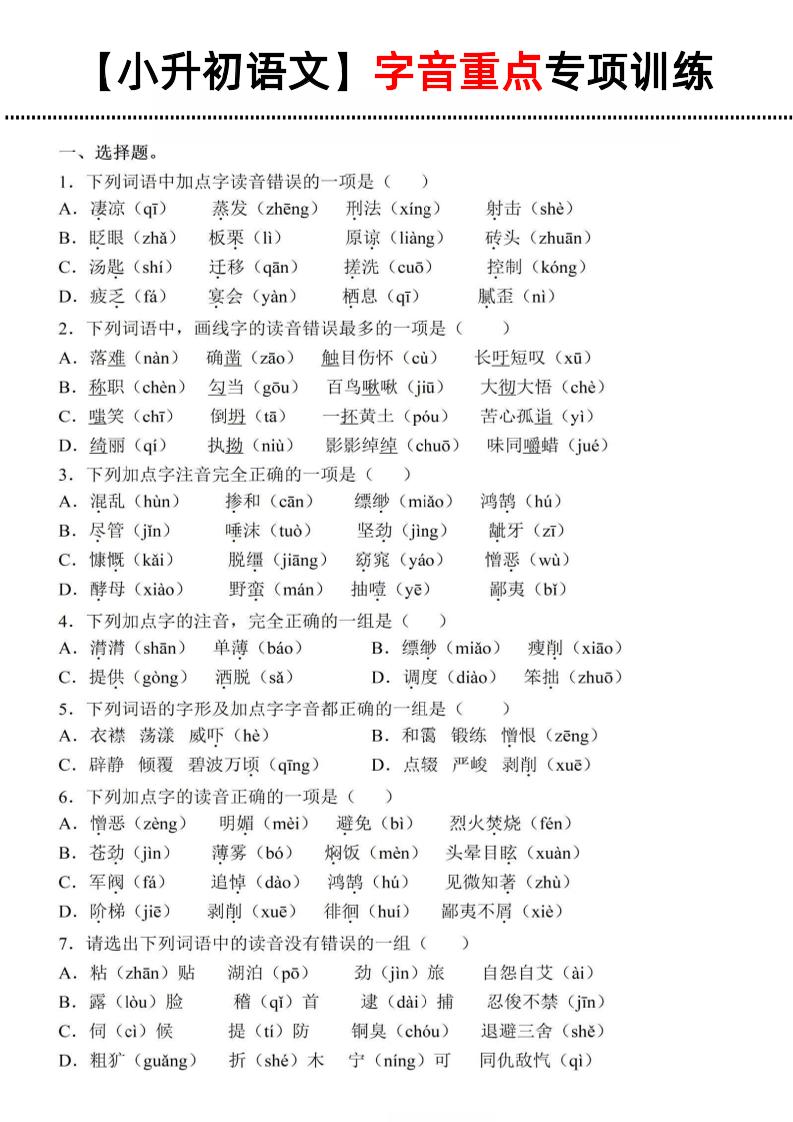 《小升初语文字音重点专项训练》_练习题|试卷|知识点|复习提纲