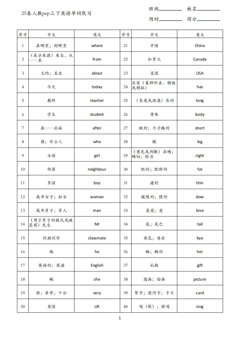 25春人教pep三下英语单词背诵表（3页）_练习题|试卷|知识点|复习提纲
