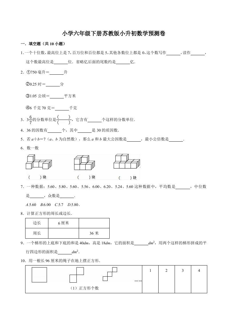 六年级数学下册小升初模拟试题（30）苏教版（含解析）_练习题|试卷|知识点|复习提纲