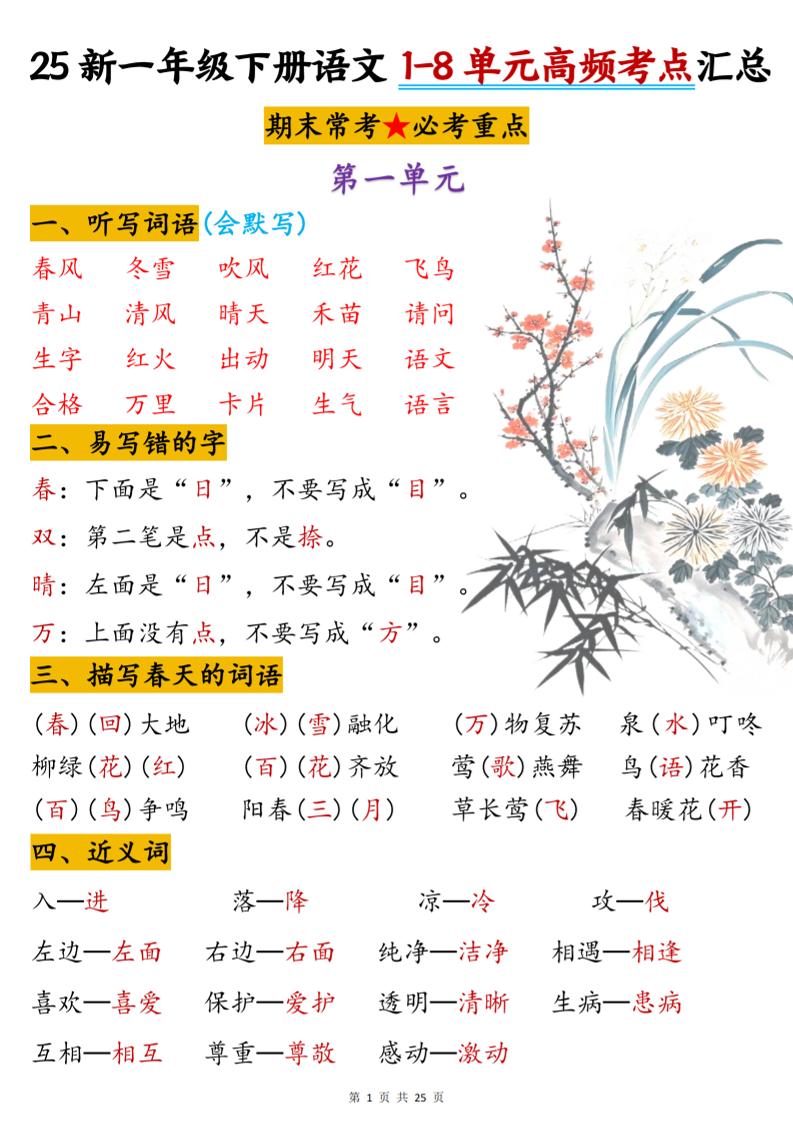 一下语文1-8单元高频考点汇总(25页)_练习题|试卷|知识点|复习提纲