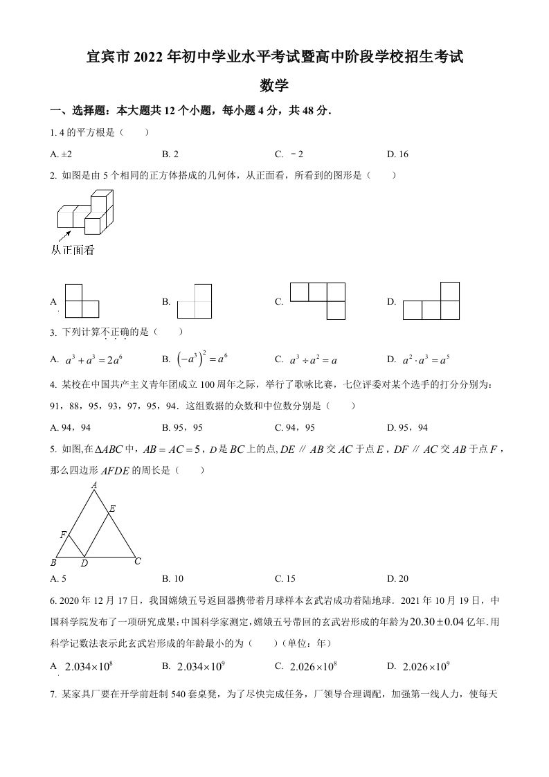 2022年四川省宜宾市中考数学真题（空白卷）_练习题|试卷|知识点|复习提纲