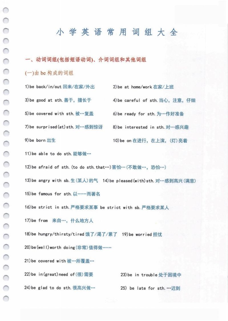 小学英语常用必考词组大全（含动词介词量词等其他词组）共11页_练习题|试卷|知识点|复习提纲