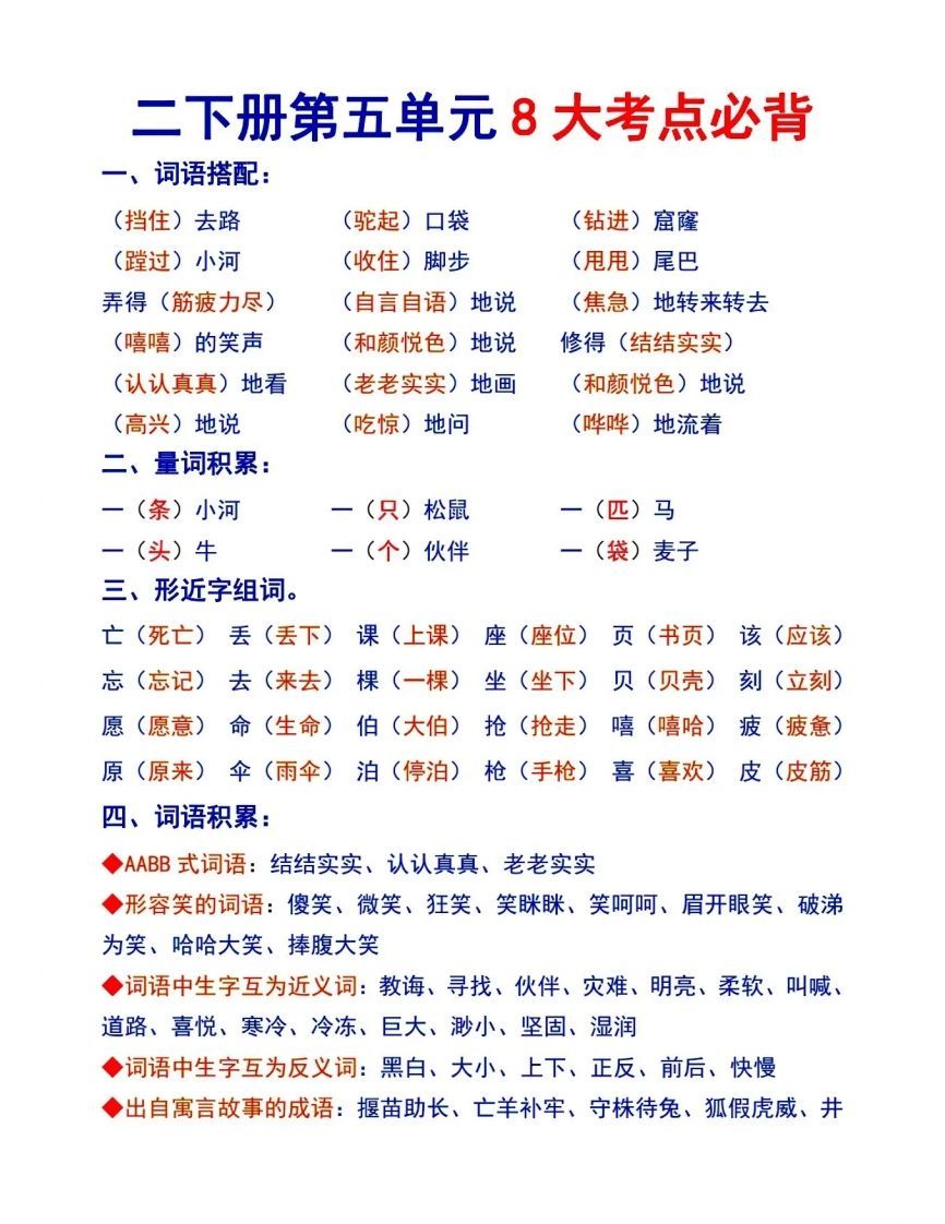 二下语文【第五单元8大考点必背】_练习题|试卷|知识点|复习提纲
