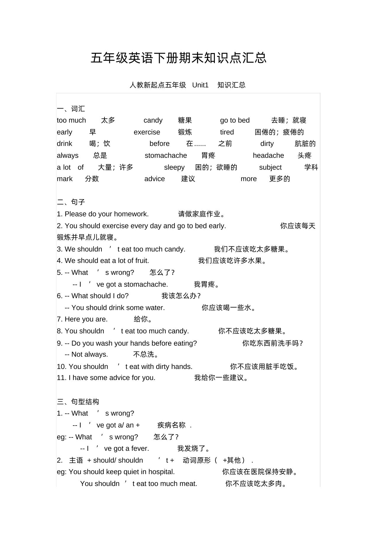 五年级英语下册期末知识清单汇总(人教新起点)_练习题|试卷|知识点|复习提纲