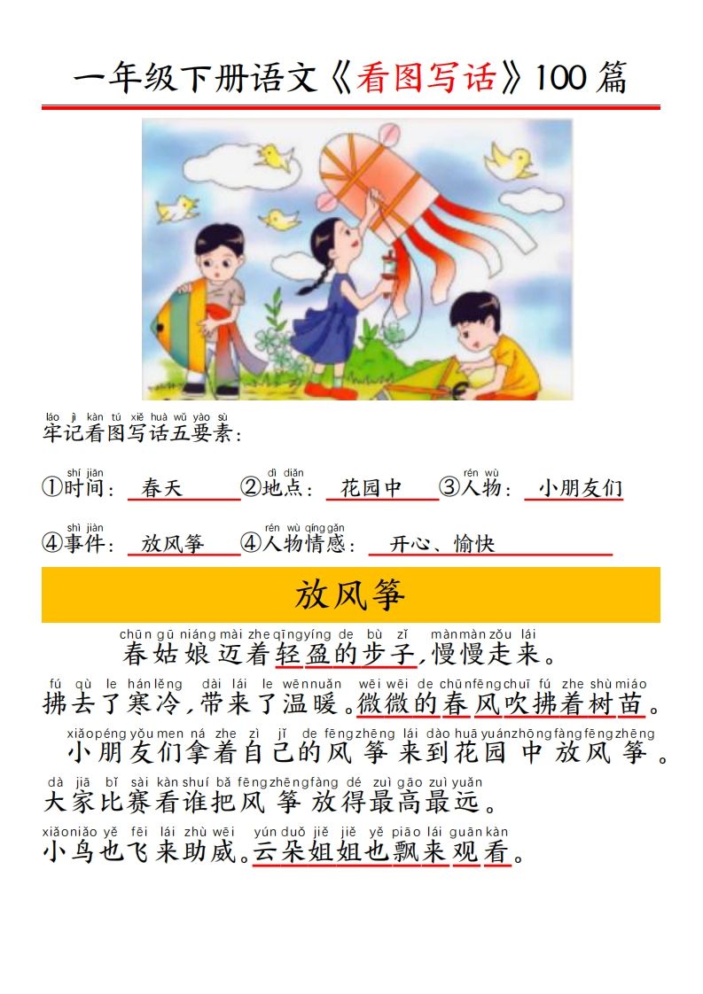 一年级下册语文看图写话五要素训练拼音版精选100篇_练习题|试卷|知识点|复习提纲
