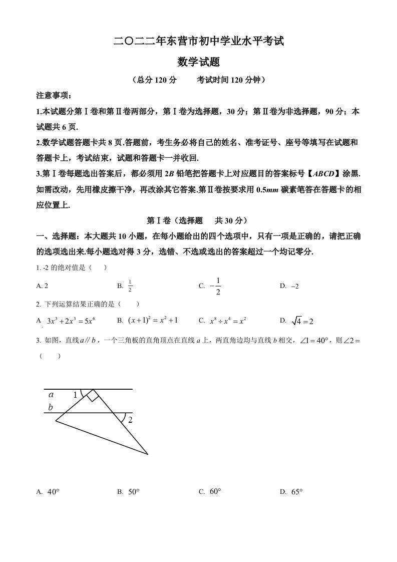 2022年山东省东营市中考数学真题（空白卷）_练习题|试卷|知识点|复习提纲