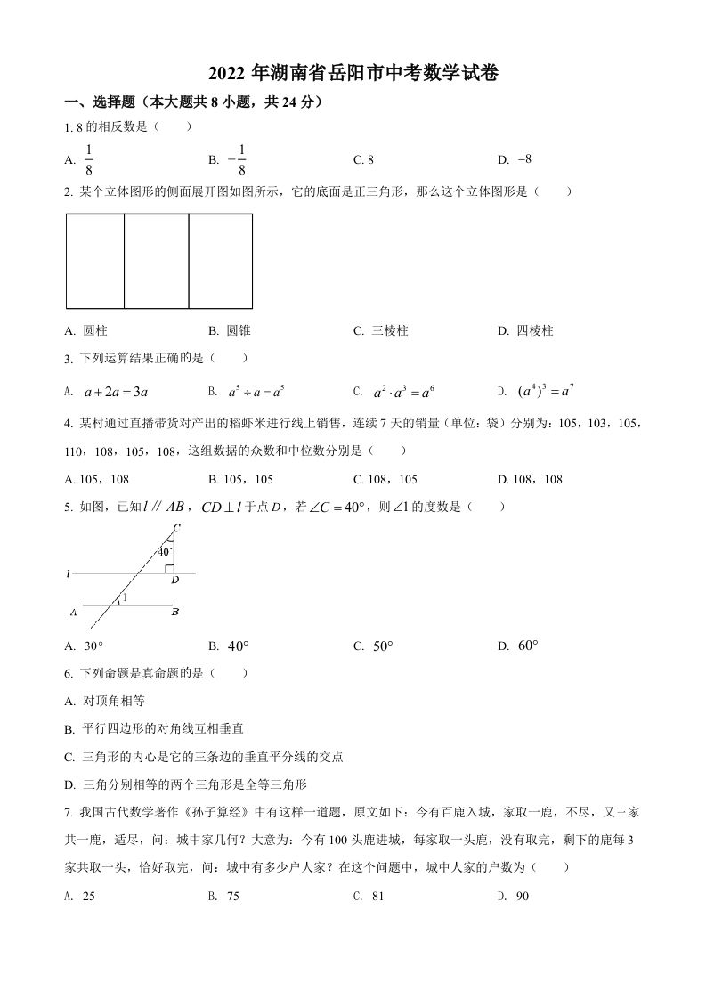 2022年湖南省岳阳市中考数学真题（空白卷）_练习题|试卷|知识点|复习提纲