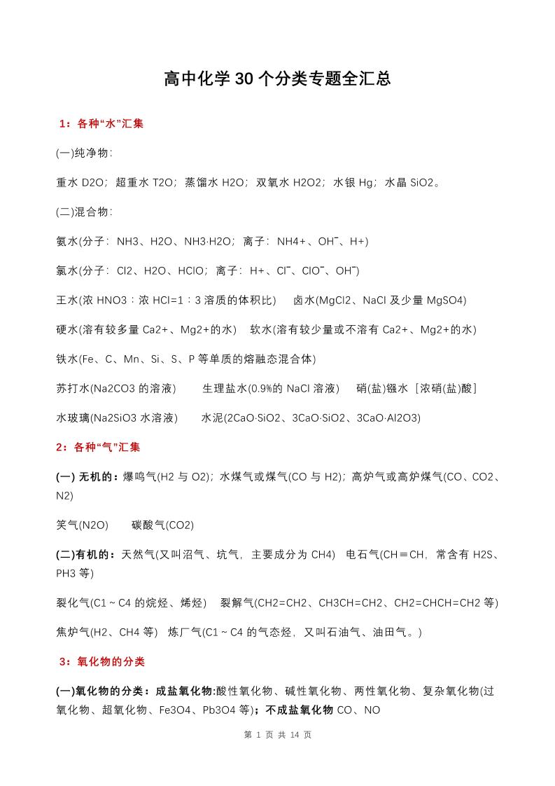 55-高中化学30个分类专题全汇总_练习题|试卷|知识点|复习提纲