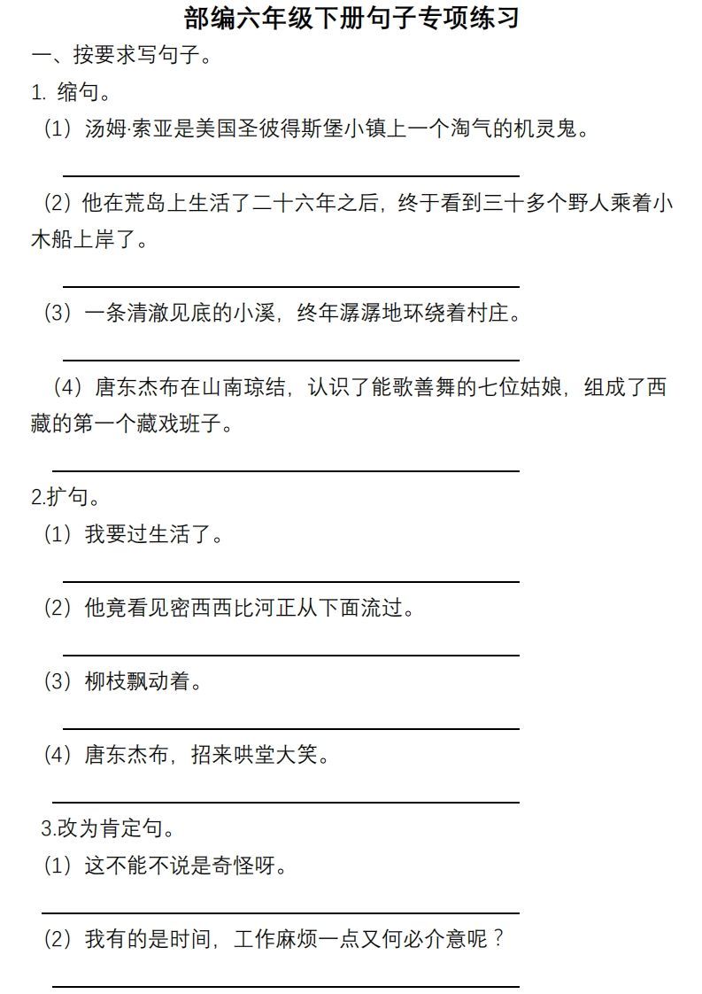 6年级句子专项练习_练习题|试卷|知识点|复习提纲