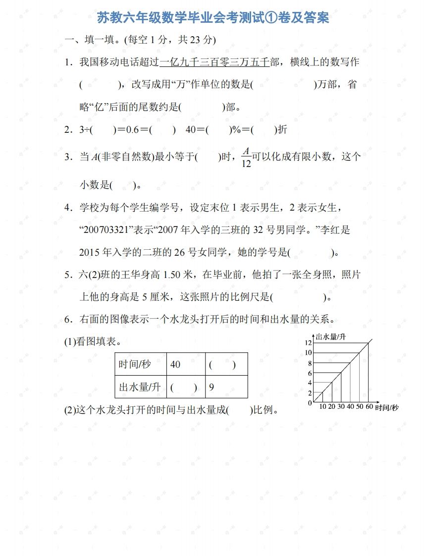 苏教六年级数学下册期末测试①卷及答案_练习题|试卷|知识点|复习提纲