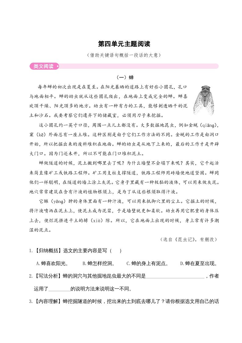 三年级语文下册第四单元主题阅读_练习题|试卷|知识点|复习提纲