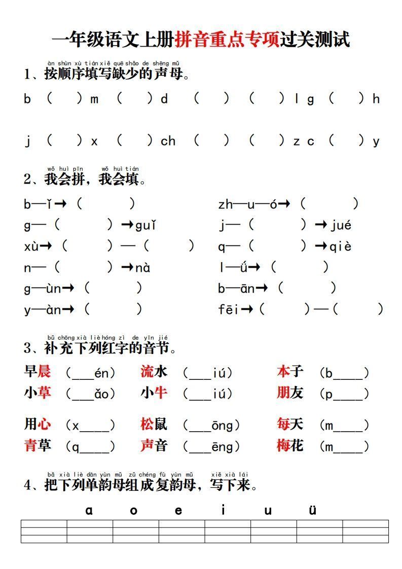 【拼音】拼音重点专项过关测试_练习题|试卷|知识点|复习提纲