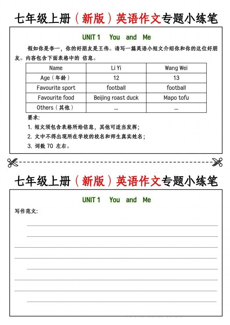 七年级上册（新版）英语作文专题小练笔挖空版_练习题|试卷|知识点|复习提纲